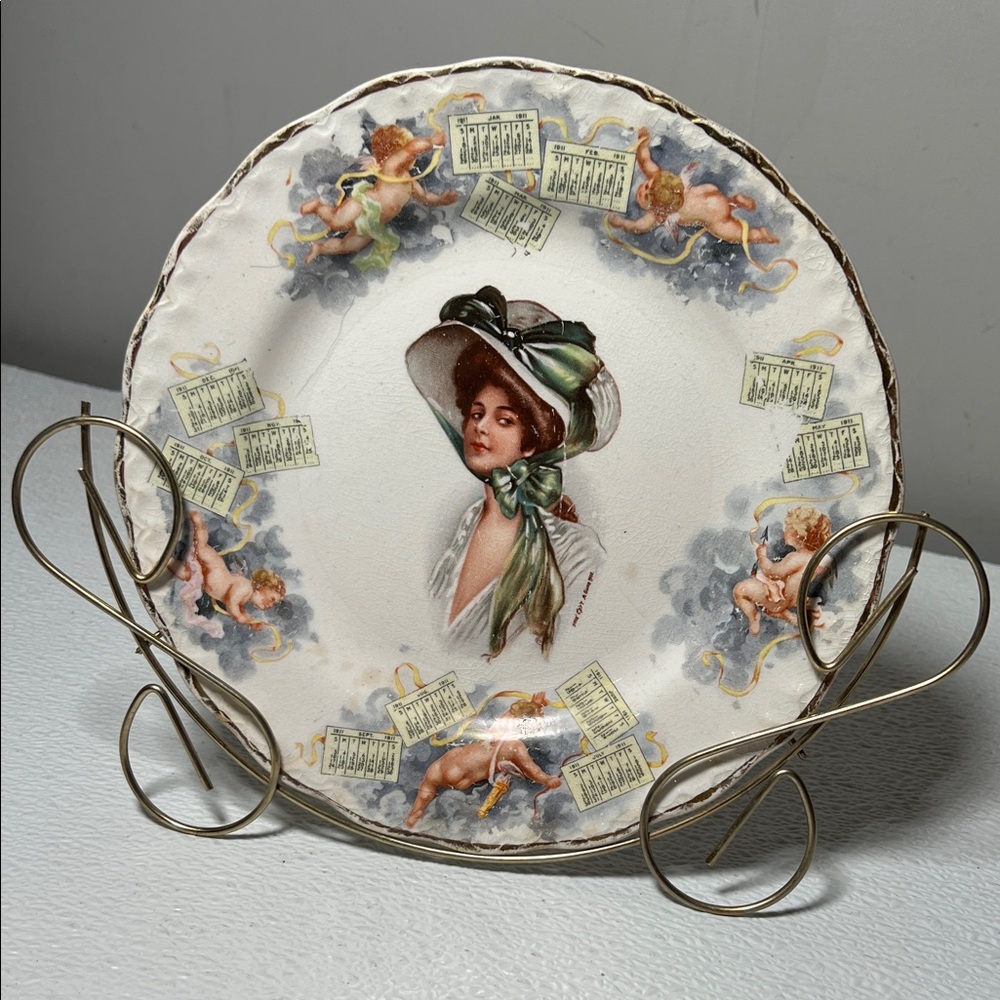 Antique 1910 Calendar Plate with Archie Gunn Art w/Metal Plate Holder